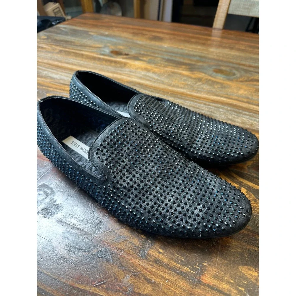 Steve Madden P-Martyr Mens Black Rhinestone Loafers Smoking Slippers Size 9.5